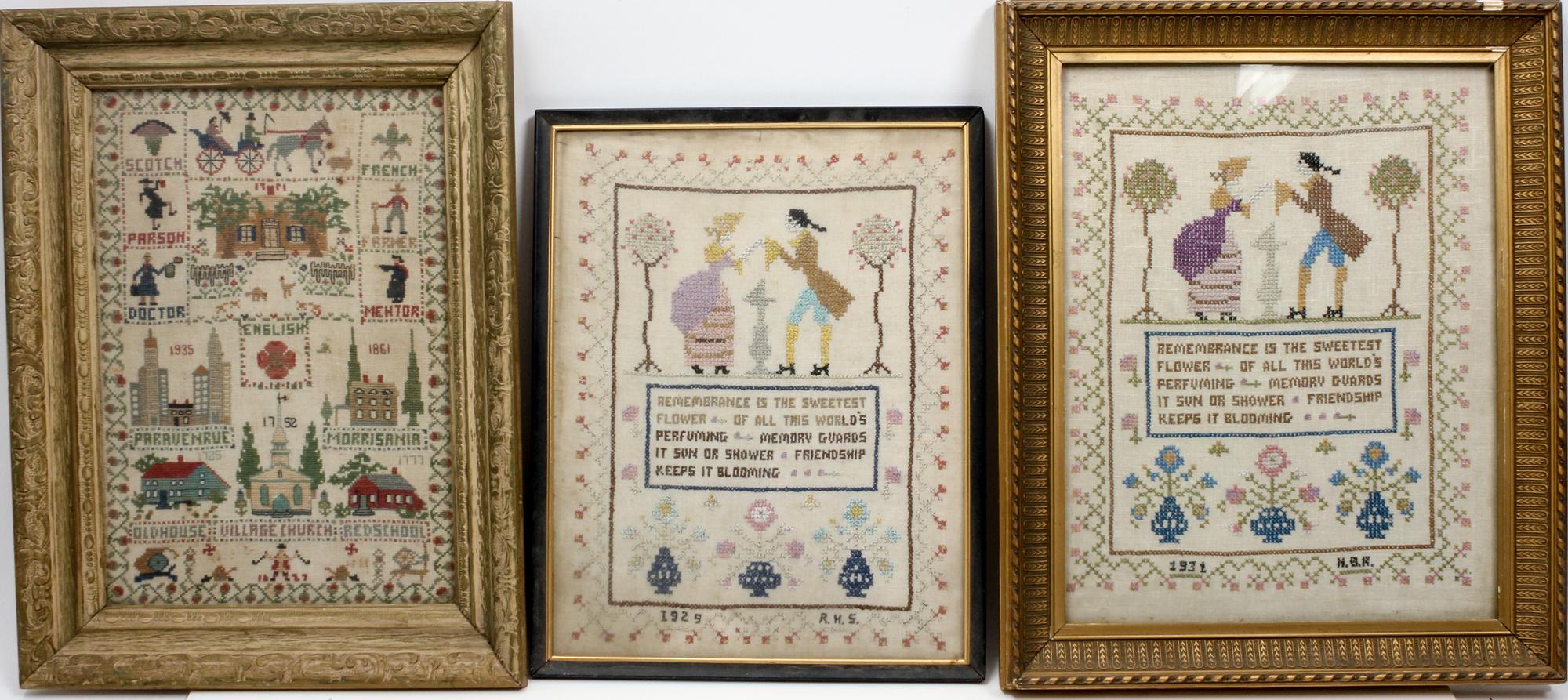 Three Needlework Samplers Height of largest 13 x width 9 inches. — FIRST HALF 20TH CENTURY