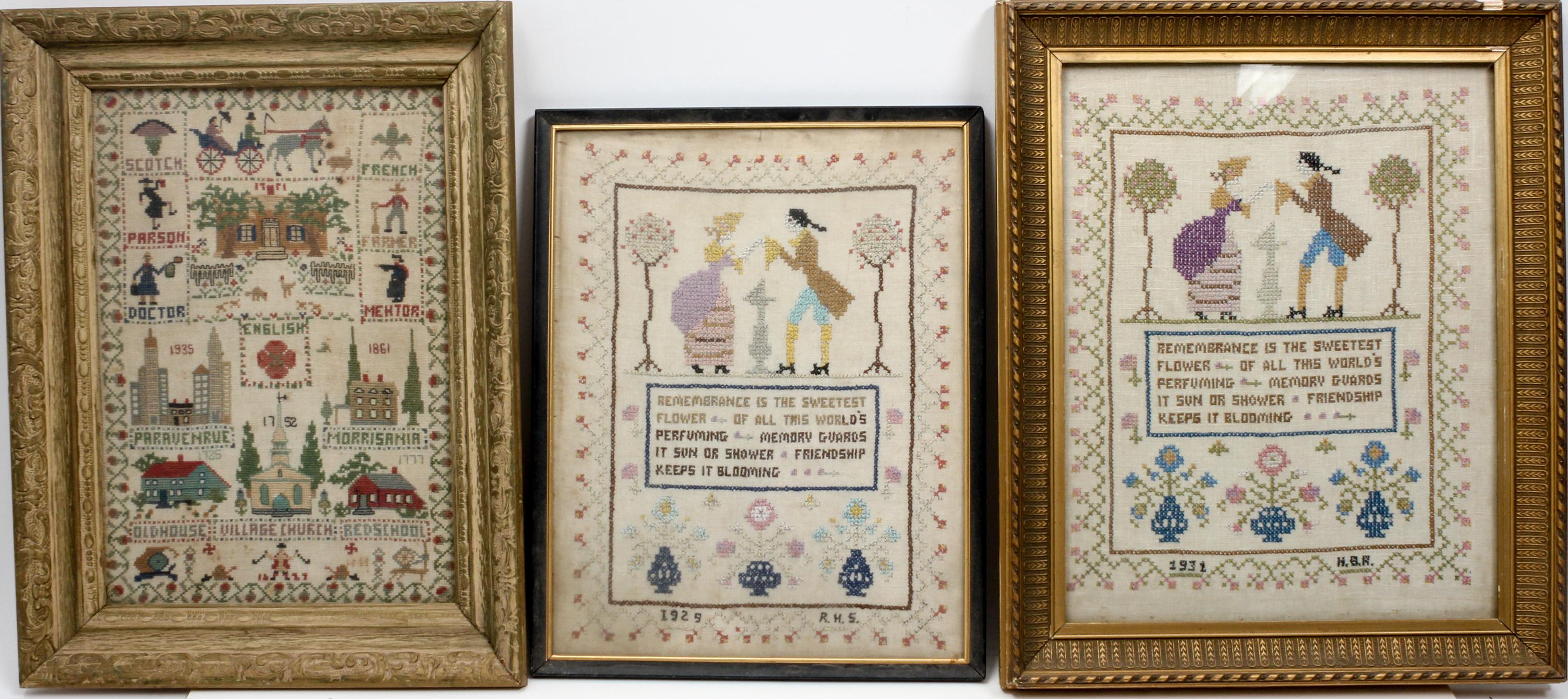 Three Needlework Samplers Height of largest 13 x width 9 inches. — FIRST HALF 20TH CENTURY