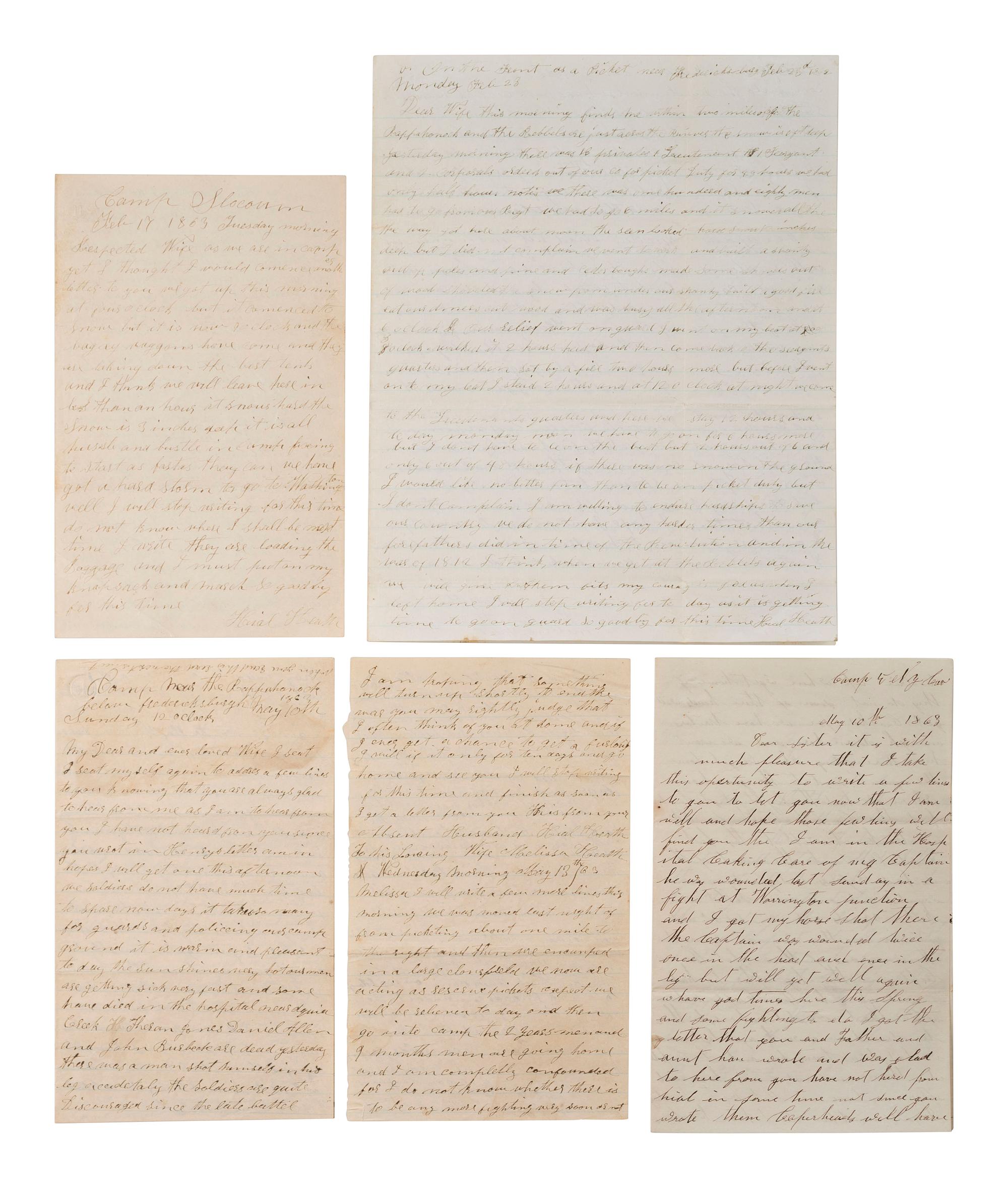 [CIVIL WAR]. Archive of correspondence from Private Hial Heath, Co. H, 143rd Pennsylvania Volunteers, DOW Wilderness, and his brother-in-law, Sergeant Newell W. Barnum, Co. G, 5th New York Cavalry, POW Culpeper.