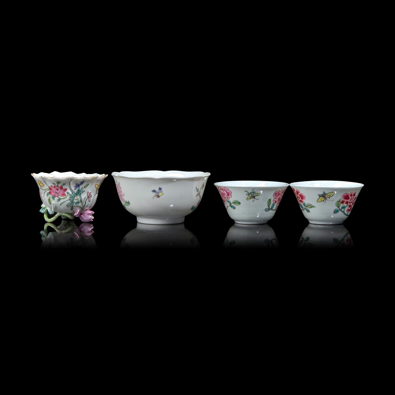 Eight Assorted Chinese Famille Rose Tea Bowls and Saucers, Qianlong Period 清乾隆 粉彩茶具一組八件