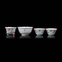 Eight Assorted Chinese Famille Rose Tea Bowls and Saucers, Qianlong Period 清乾隆 粉彩茶具一組八件