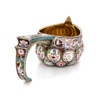 A Russian Enameled Silver Kovsh, Likely suprious mark of Faberge, Moscow, late 19th/early 20th century, having a lobed body decorated w