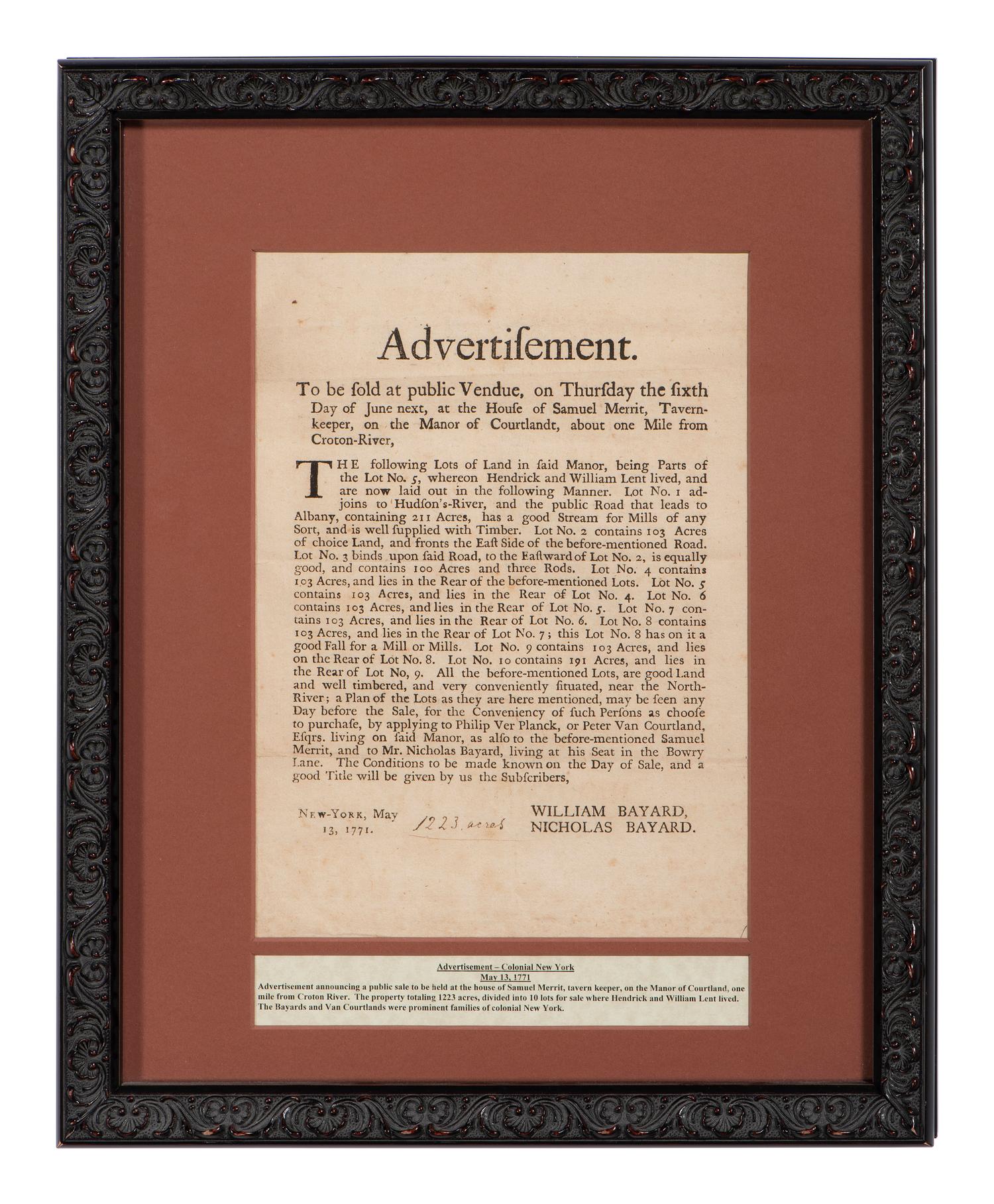 [NEW YORK]. Broadside advertising the sale of land "on the Manor of Cortlandt," 13 May 1771.