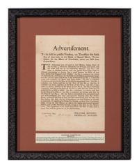 [NEW YORK]. Broadside advertising the sale of land "on the Manor of Cortlandt," 13 May 1771.