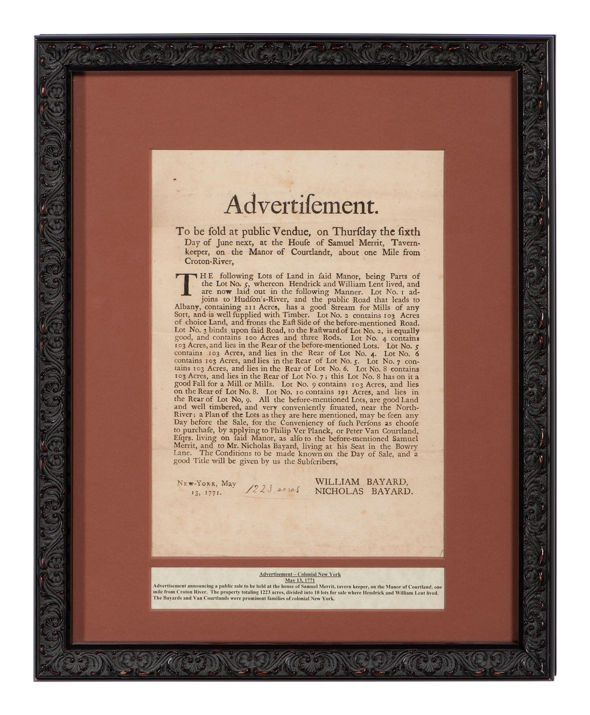 [NEW YORK]. Broadside advertising the sale of land "on the Manor of Cortlandt," 13 May 1771.