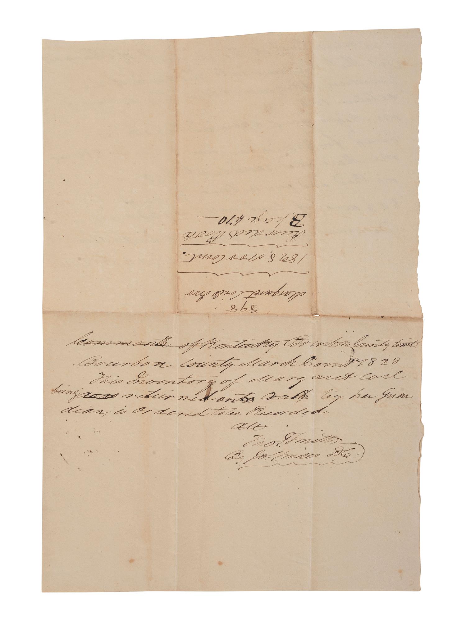 [ENSLAVEMENT & ABOLITION]. A group of 6 estate documents listing individual enslaved persons, most by name. Bourbon County, KY, 1815-1829.