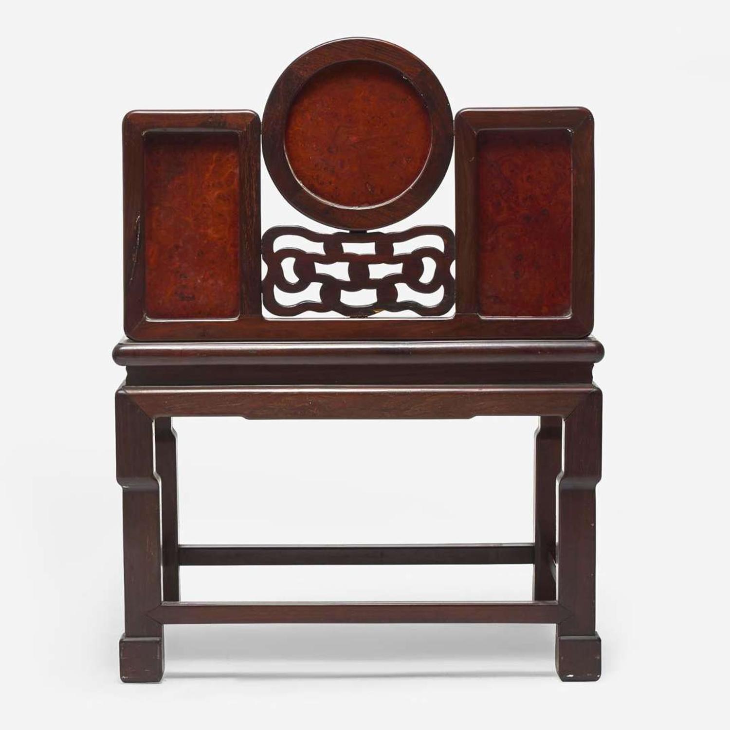 A Chinese carved hardwood and huamu armchair 硬木搭红木扶手椅一件 Late 19th/20th century ??????????