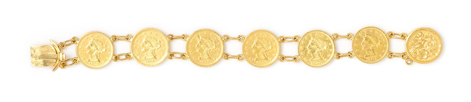 A Yellow Gold and US $2 1/2 Dollar Liberty Head Coin Bracelet, 25.80 dwts.