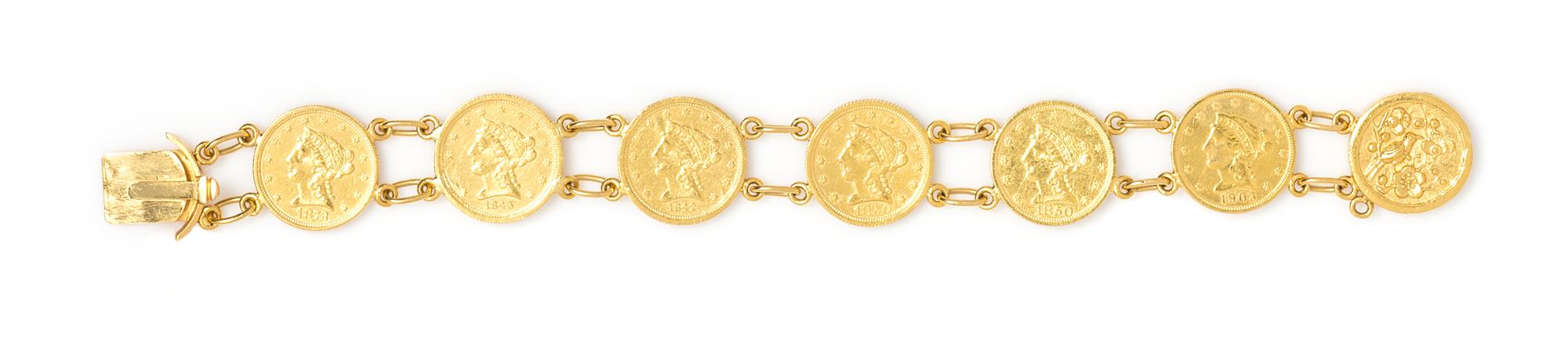A Yellow Gold and US $2 1/2 Dollar Liberty Head Coin Bracelet, 25.80 dwts.