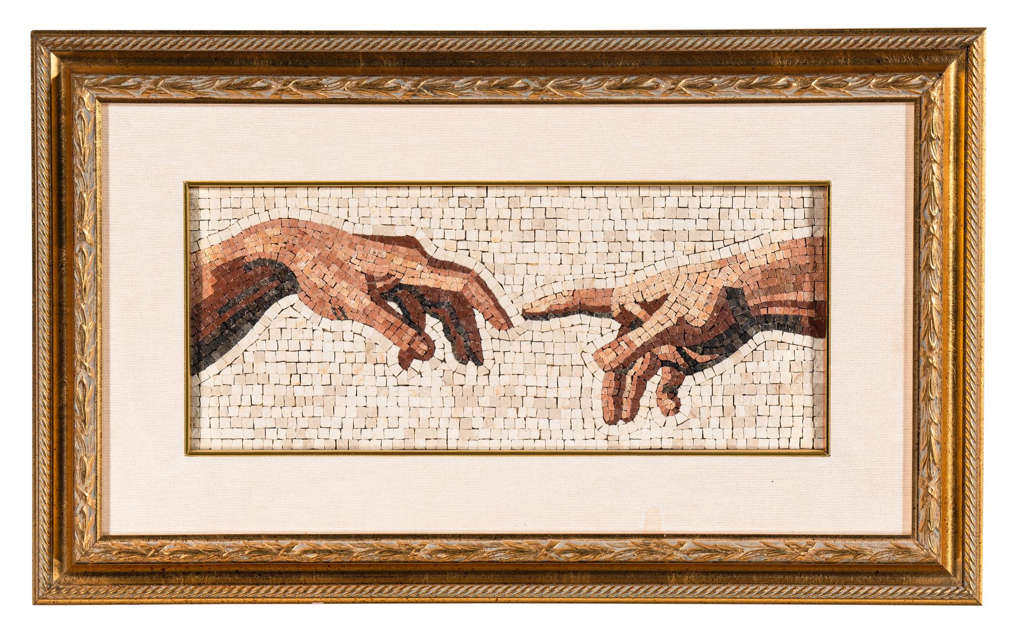 An Italian Mosaic Plaque Depicting a Detail of Creation of Adam After Michelangelo