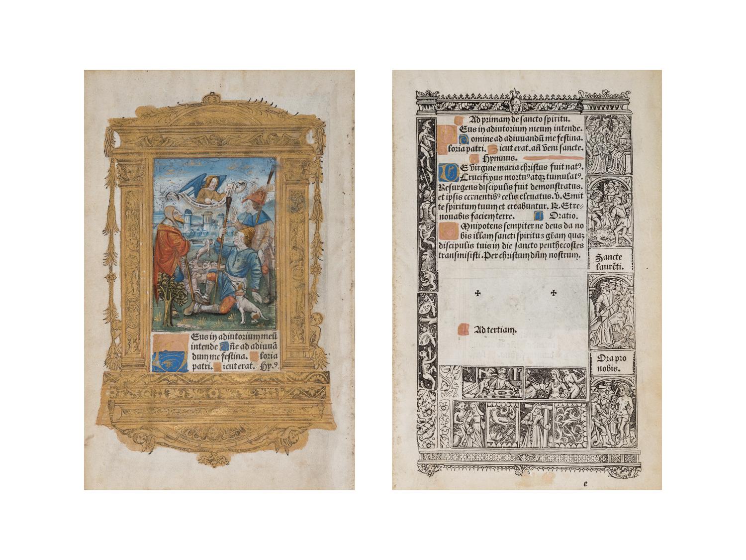 [BOOK OF HOURS]. HARDOUYN, Gilles and Germain (Paris, ca. 1500). A group of 5 printed leaves from a French Book of Hours, likely executed in the workshop of Gilles and Germain Hardouyn (Active ca. 1491-1541). Latin.