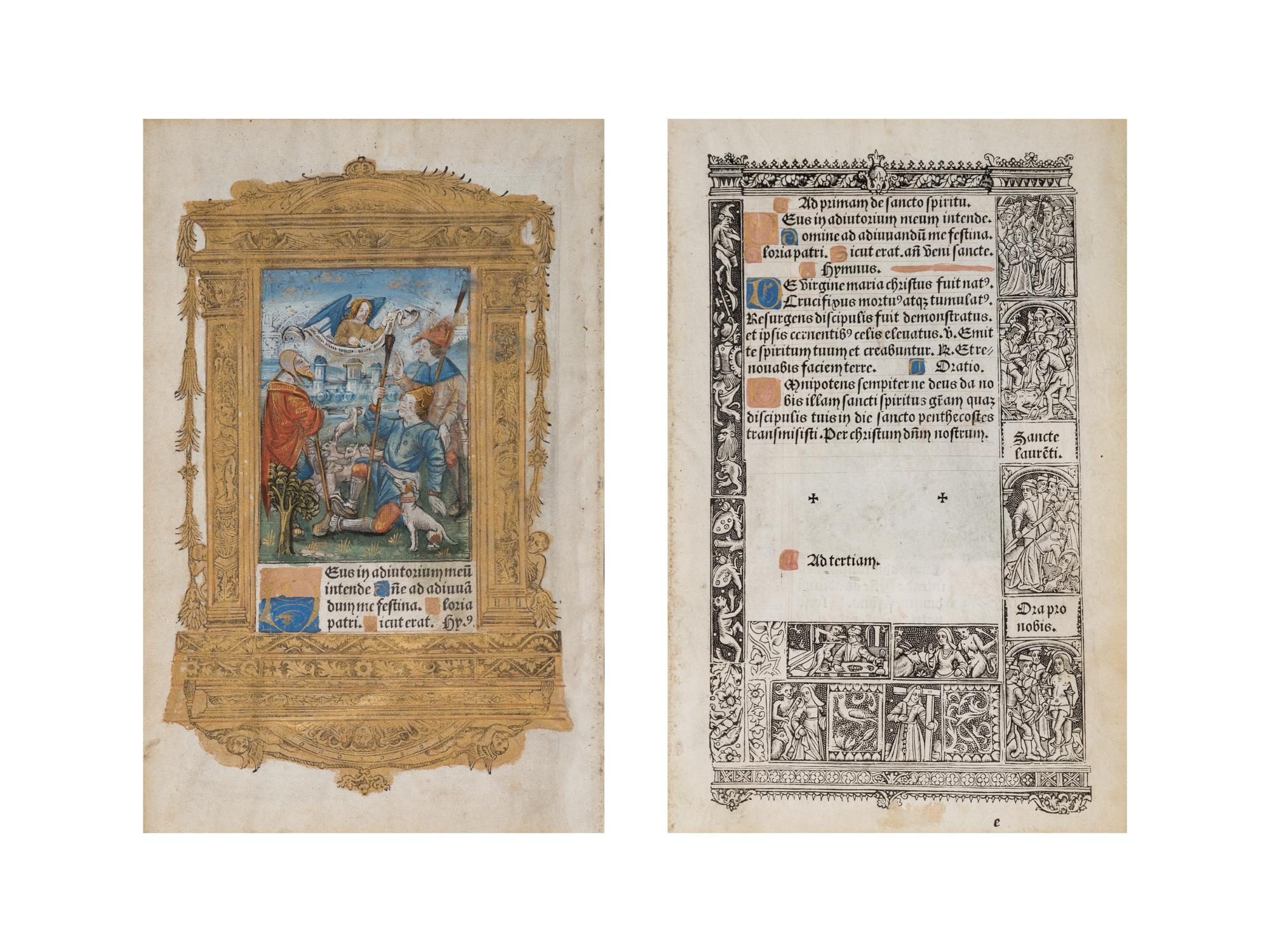 [BOOK OF HOURS]. HARDOUYN, Gilles and Germain (Paris, ca. 1500). A group of 5 printed leaves from a French Book of Hours, likely executed in the workshop of Gilles and Germain Hardouyn (Active ca. 1491-1541). Latin.