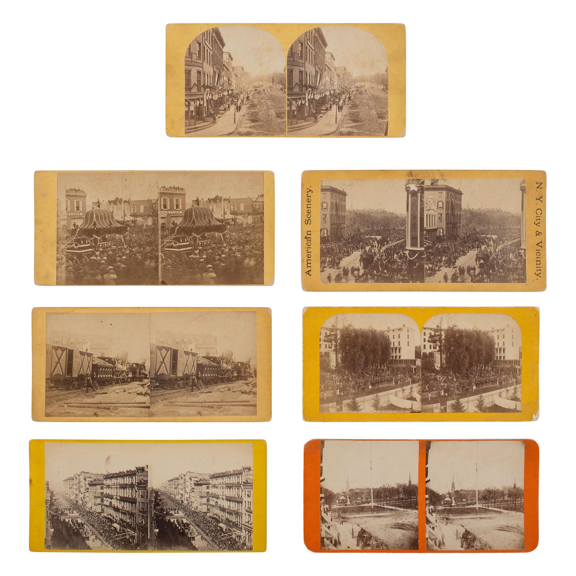 [Lincoln, Abraham] Group of Seven Stereoviews of Lincoln's Funeral in Philadelphia, New York, Albany, and Cleveland