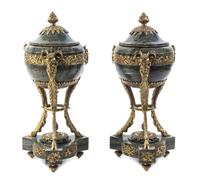 A Pair of Neoclassical Gilt Bronze Mounted Marble Cassolettes, Height 17 1/4 inches.