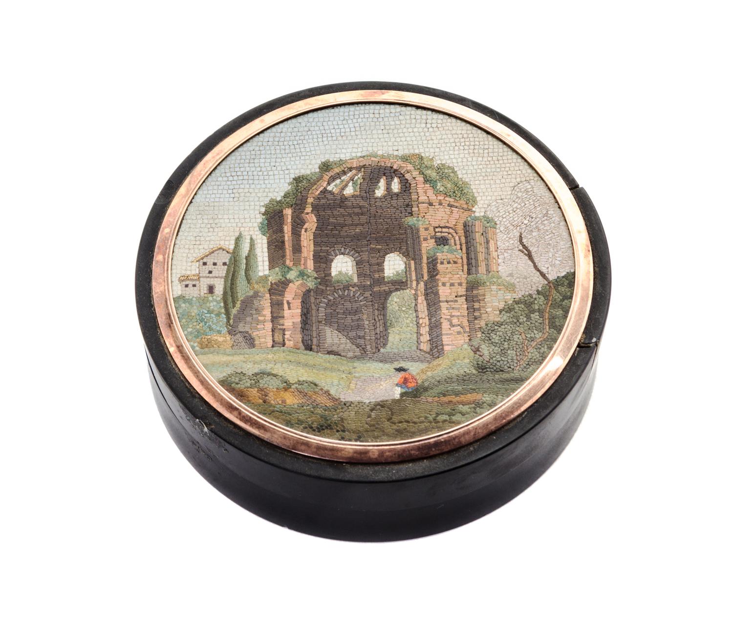 An Italian Tortoiseshell and Micromosaic Box Diameter 3 inches. — 19TH CENTURY