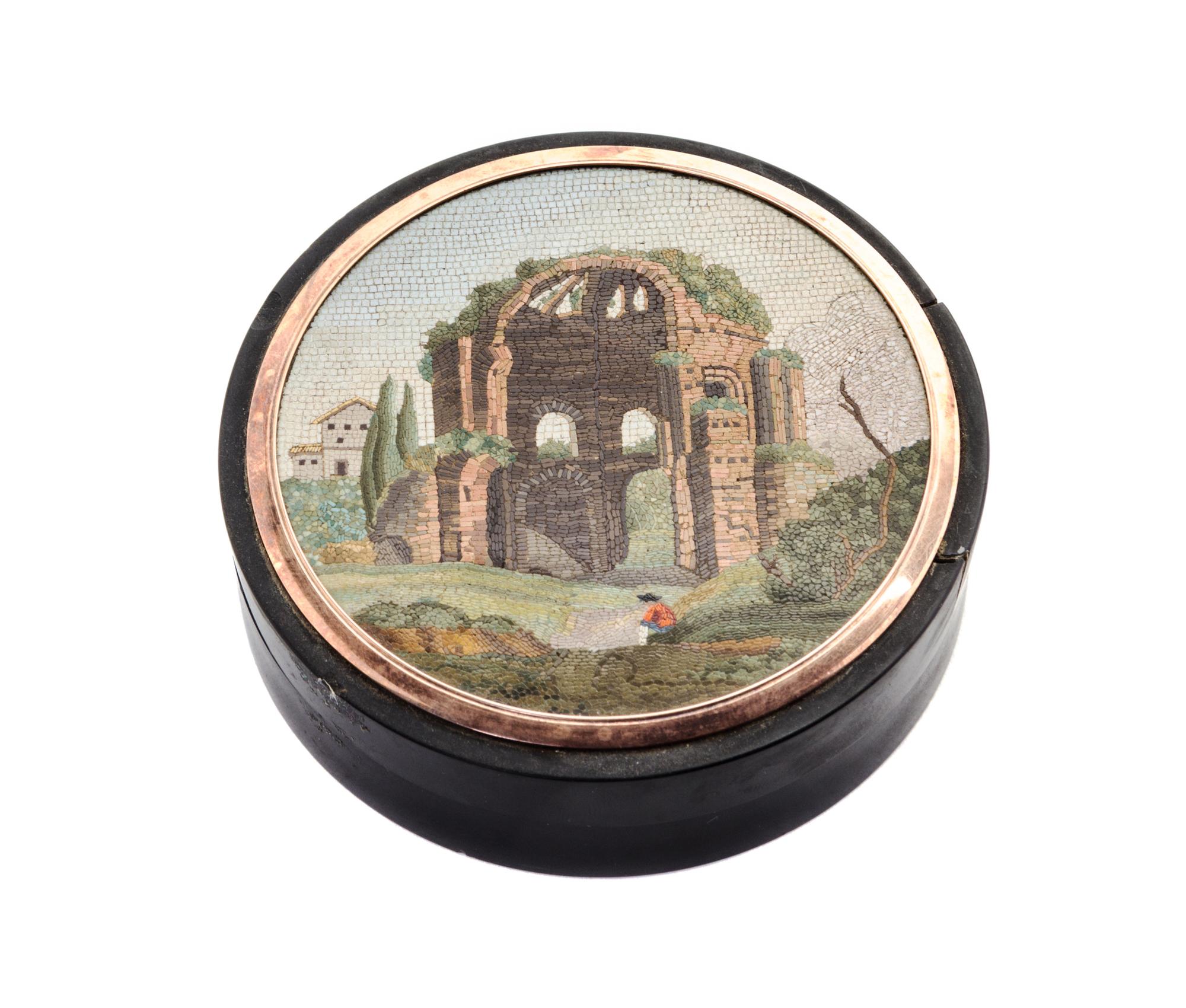 An Italian Tortoiseshell and Micromosaic Box Diameter 3 inches. — 19TH CENTURY