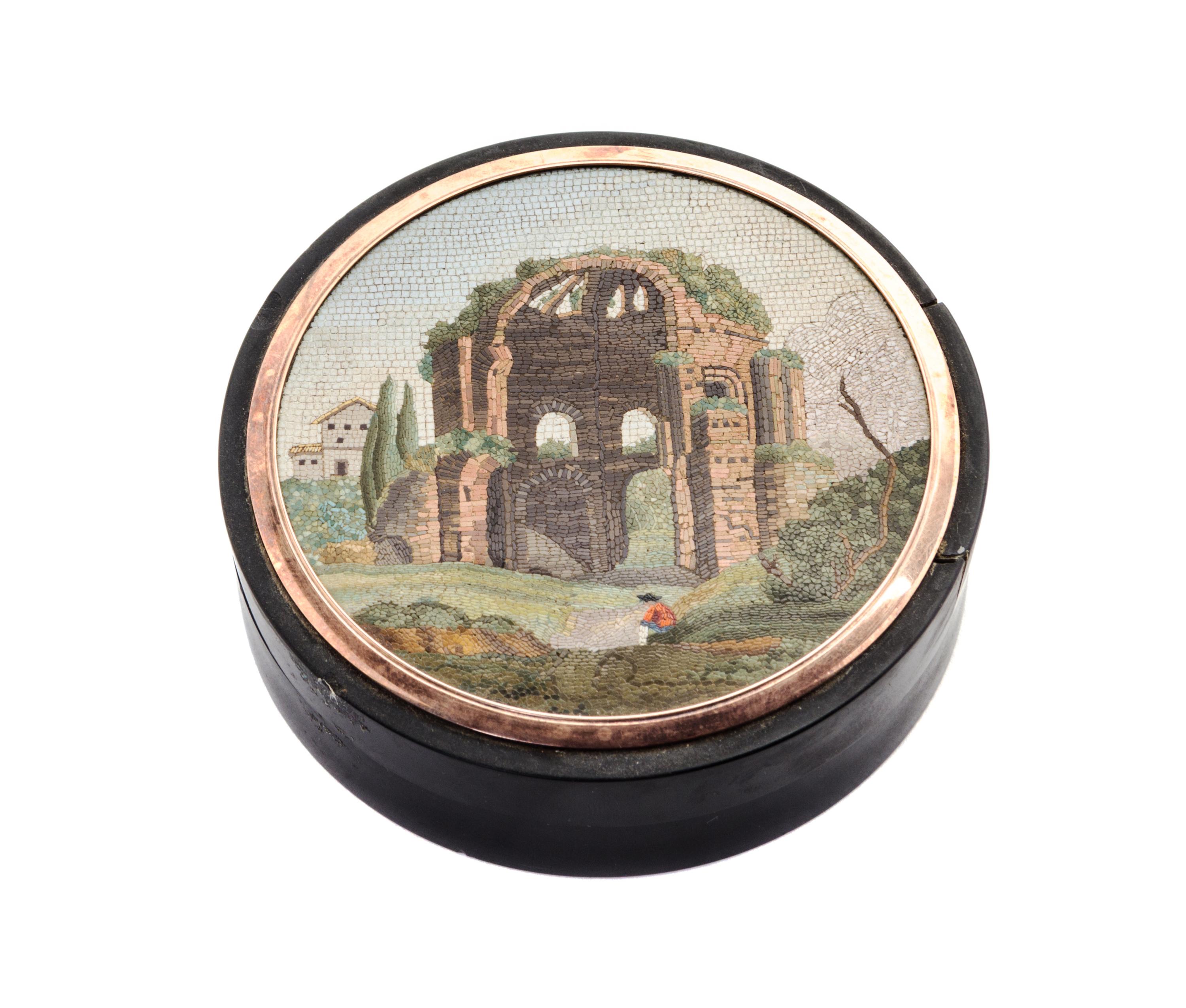 An Italian Tortoiseshell and Micromosaic Box Diameter 3 inches. — 19TH CENTURY
