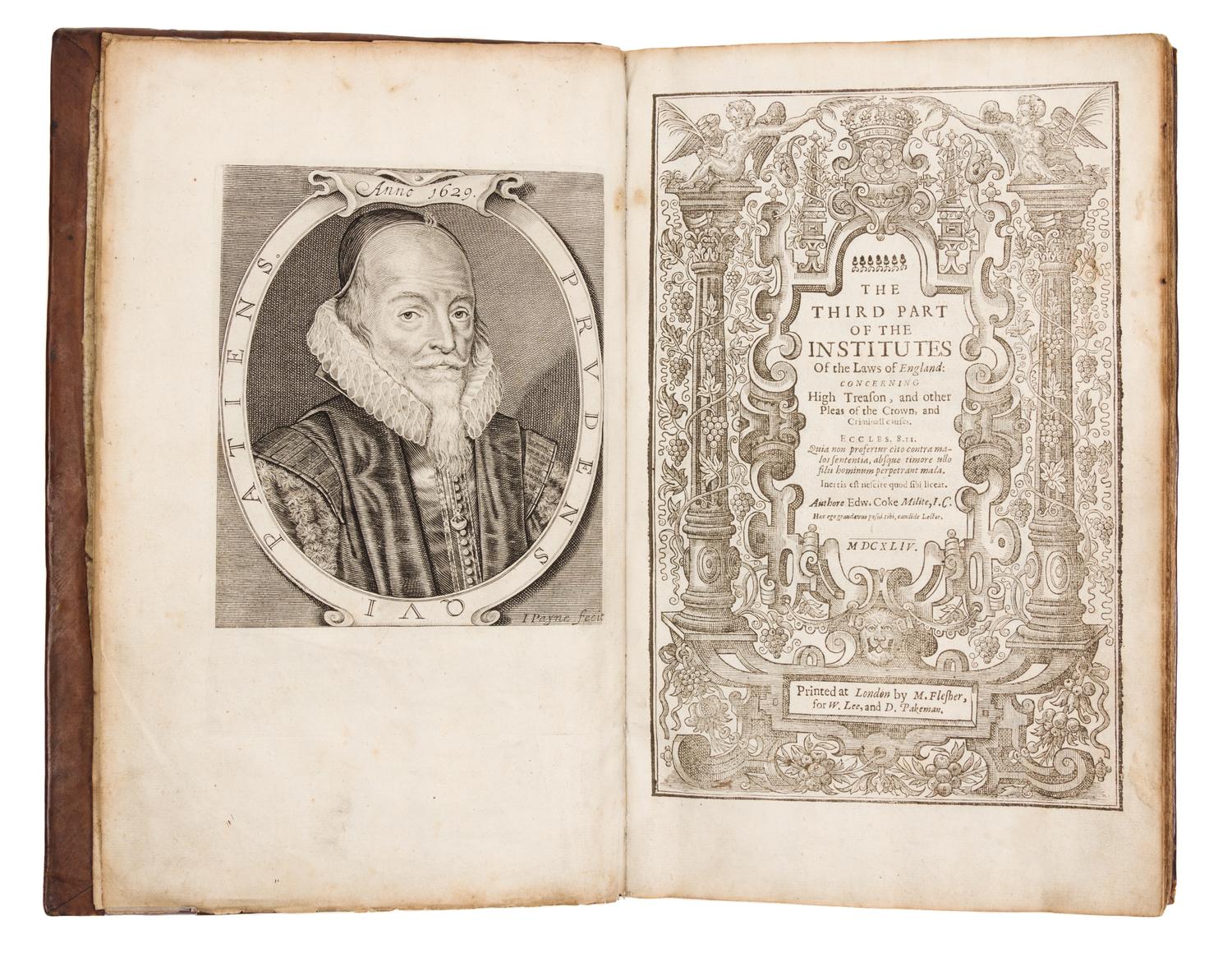 COKE, Edward, Sir (1552-1634). The third part of the Institutes of the laws of England. London: M. Flesher, 1644.