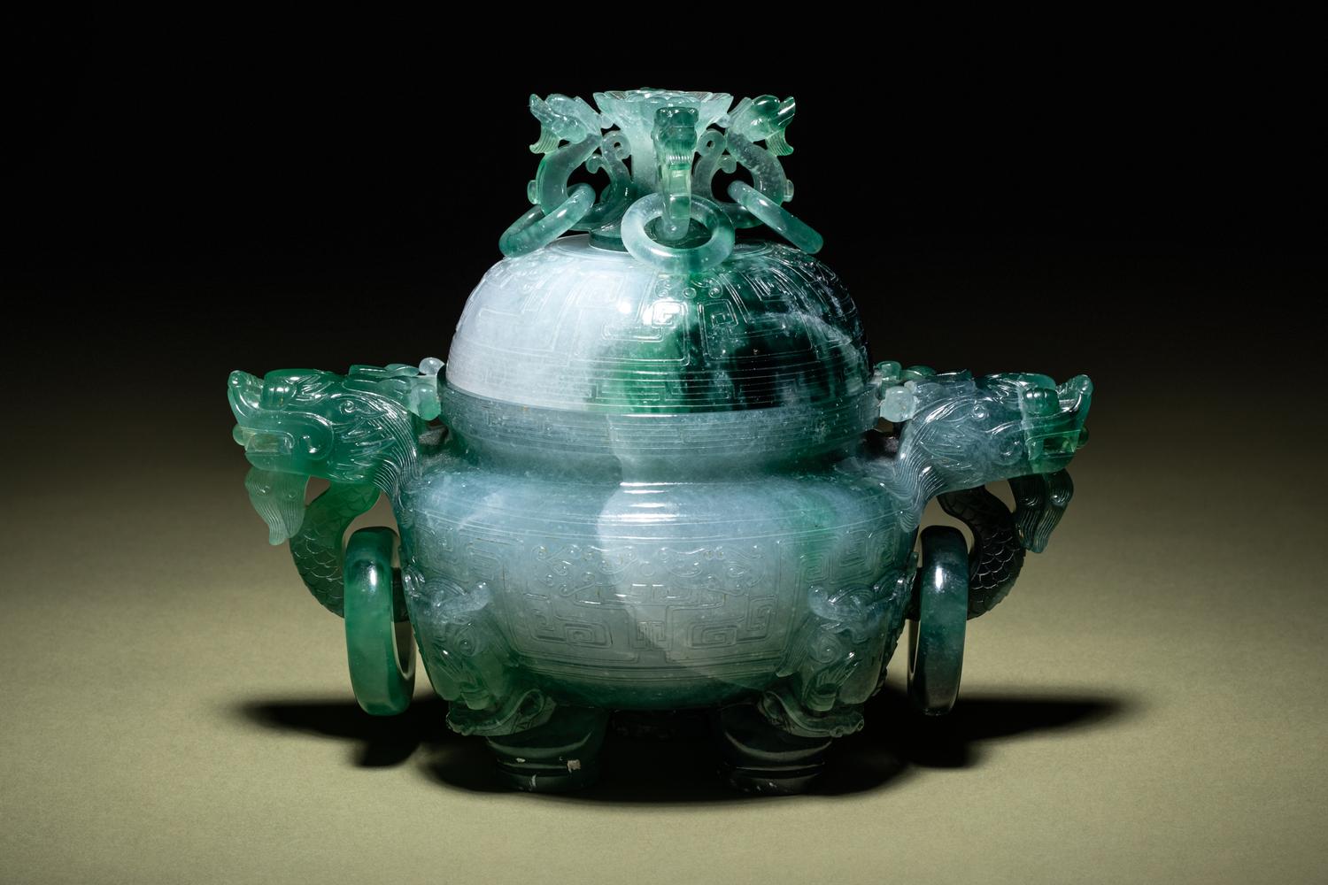 A Fine Semi-Translucent Green Jadeite Censer and Cover