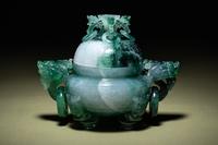 A Fine Semi-Translucent Green Jadeite Censer and Cover