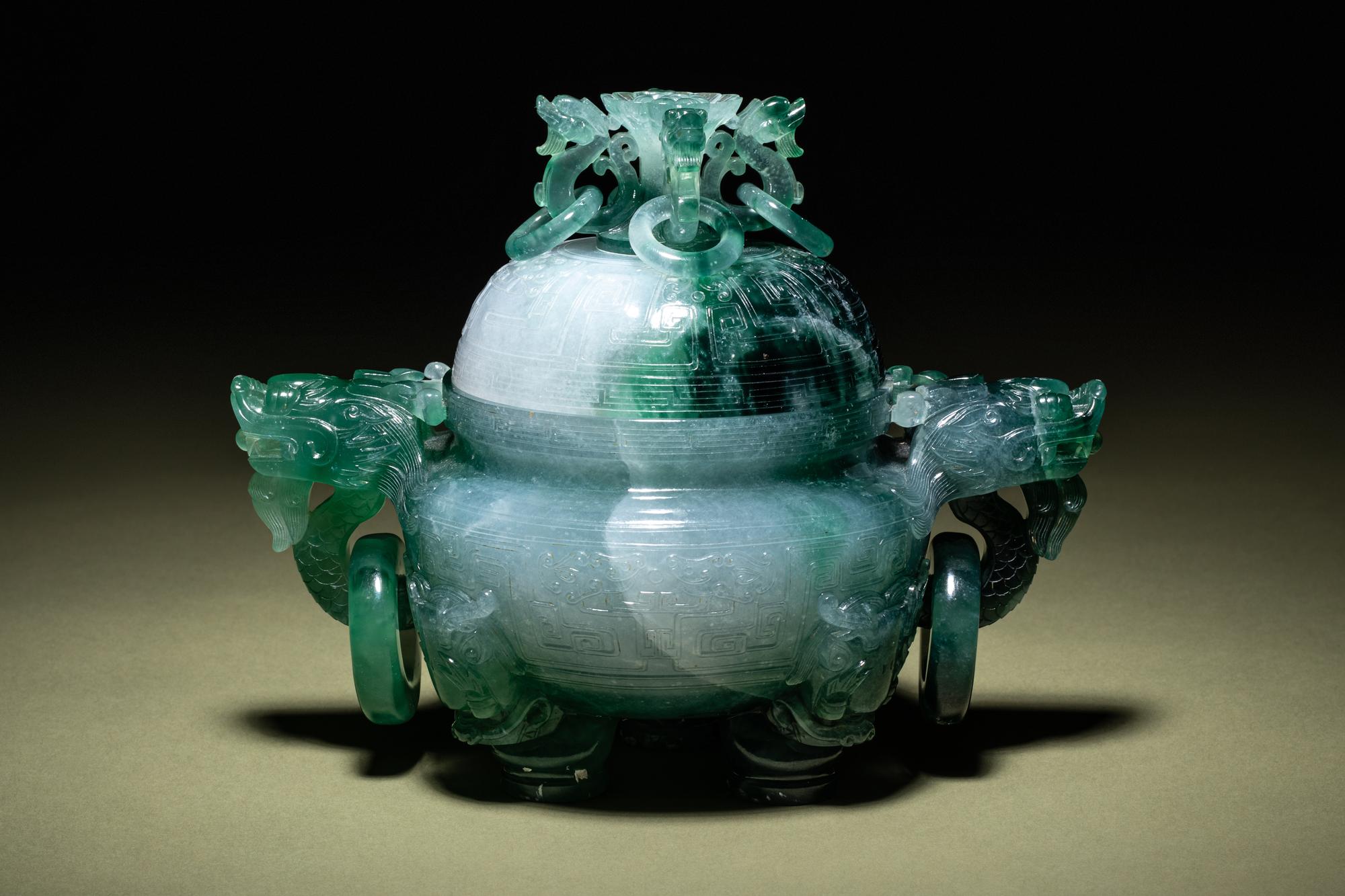 A Fine Semi-Translucent Green Jadeite Censer and Cover