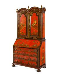 A George I Style Red, Gilt and Polychrome Japanned Bureau Cabinet