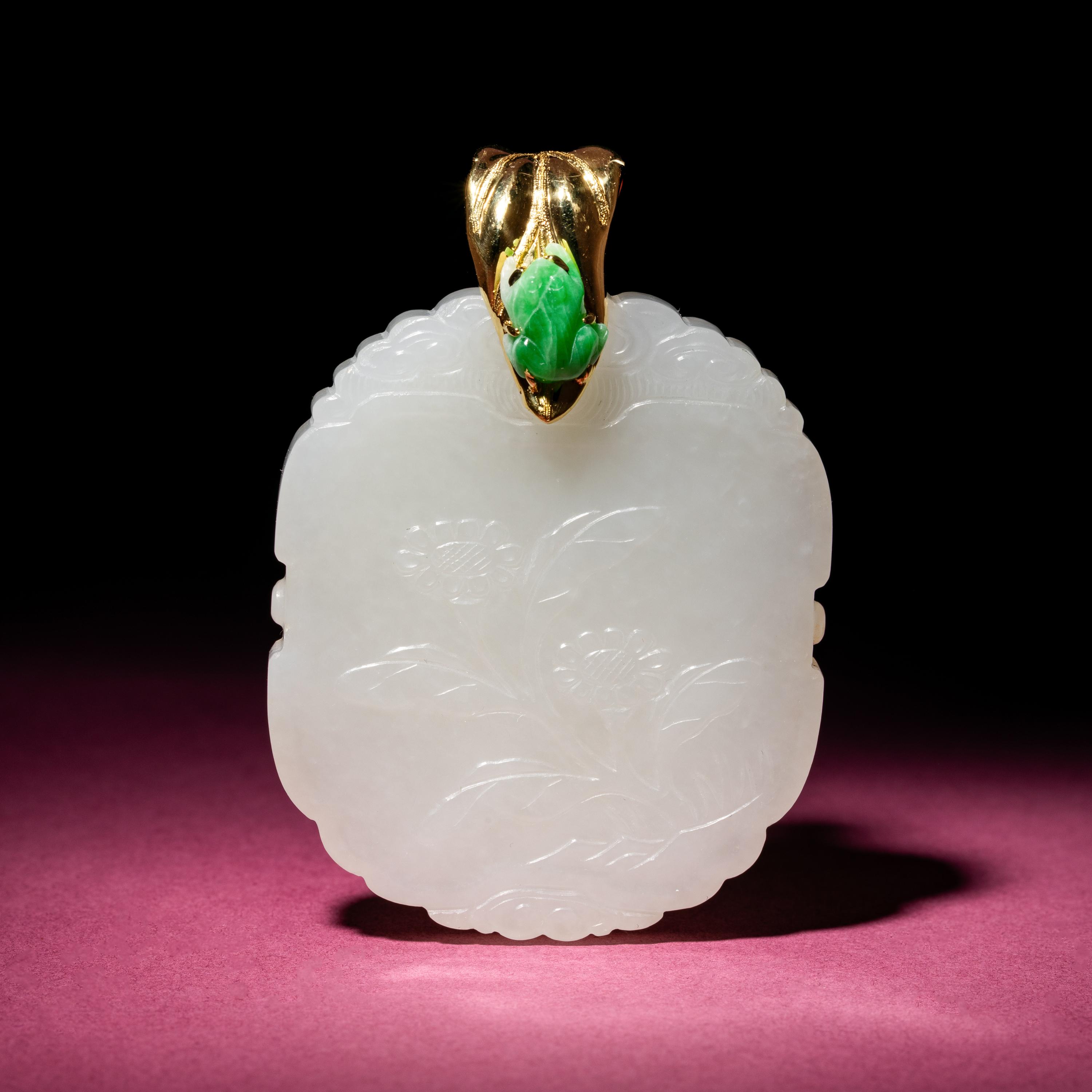 A Chinese White Jade 'Floral' Pendant, 18th/19th Century — 清中期 白玉花卉紋牌
