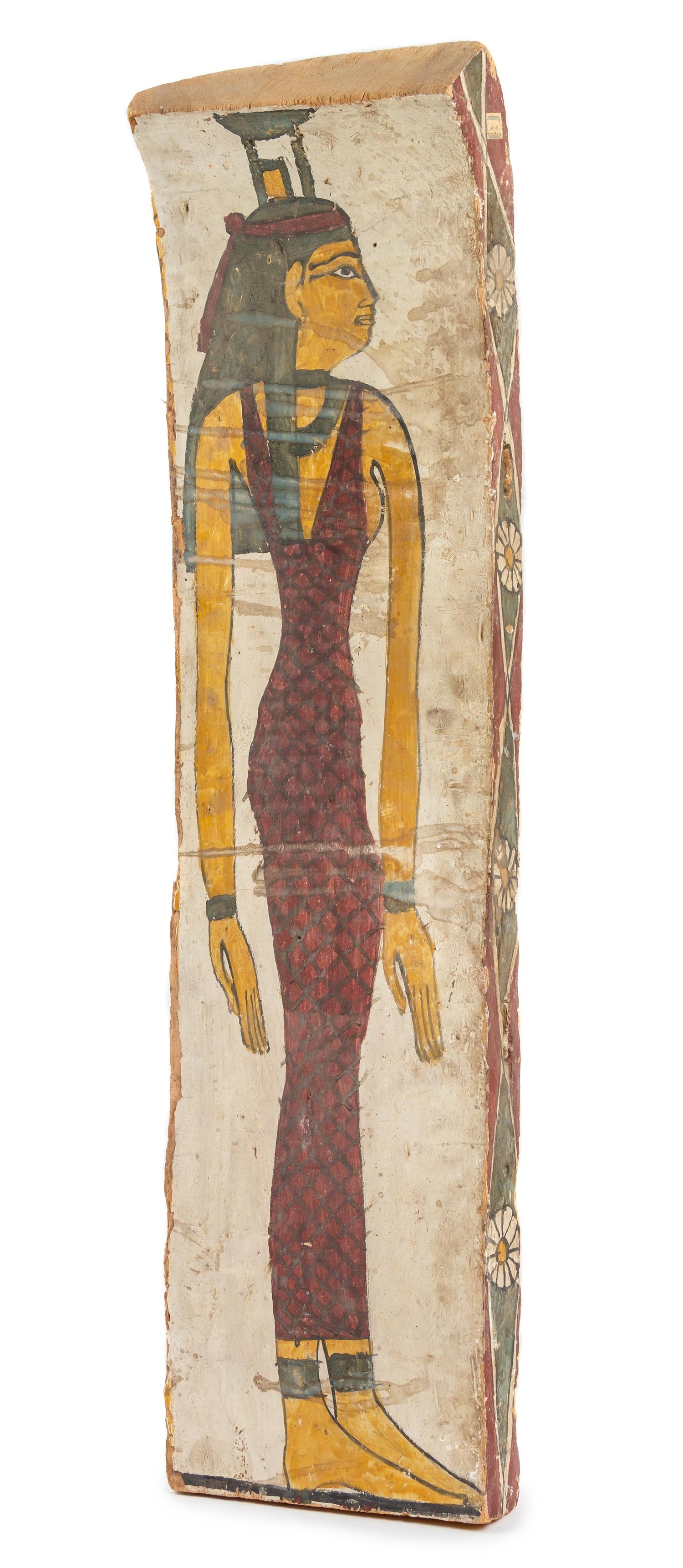 An Egyptian Painted Wood Coffin Panel Height 43 inches. — LATE PERIOD TO PTOLEMAIC PERIOD, 664-30 B.C.E.