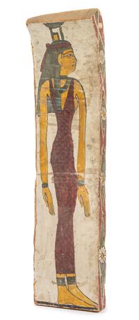 An Egyptian Painted Wood Coffin Panel Height 43 inches. — LATE PERIOD TO PTOLEMAIC PERIOD, 664-30 B.C.E.