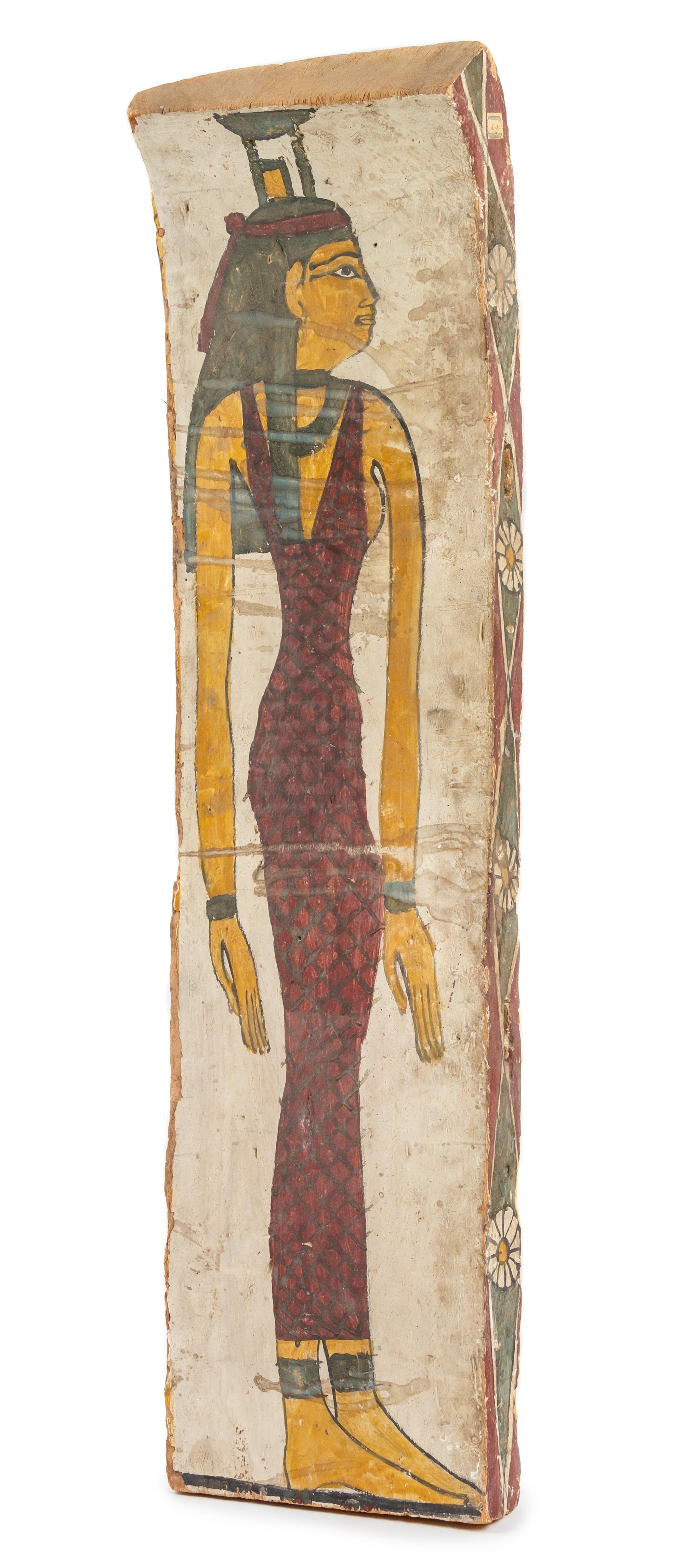 An Egyptian Painted Wood Coffin Panel Height 43 inches. — LATE PERIOD TO PTOLEMAIC PERIOD, 664-30 B.C.E.