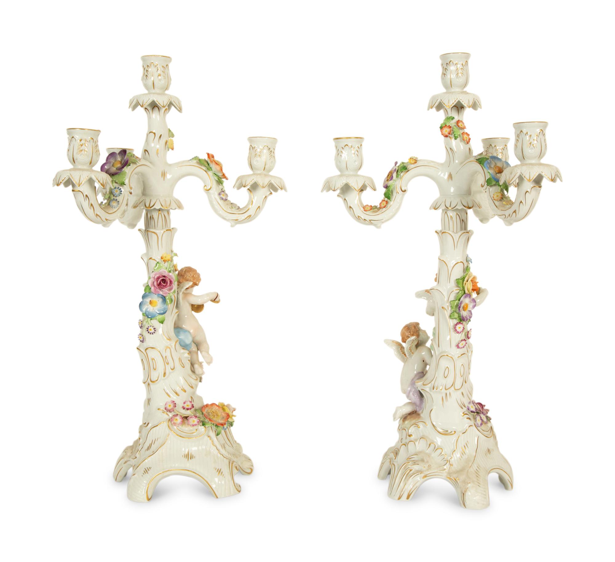 A Pair of German Porcelain Four-Light Figural Candelabras