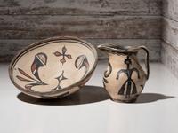 Cochiti Figural Pottery Pitcher and San Ildefonso Polychrome Basin