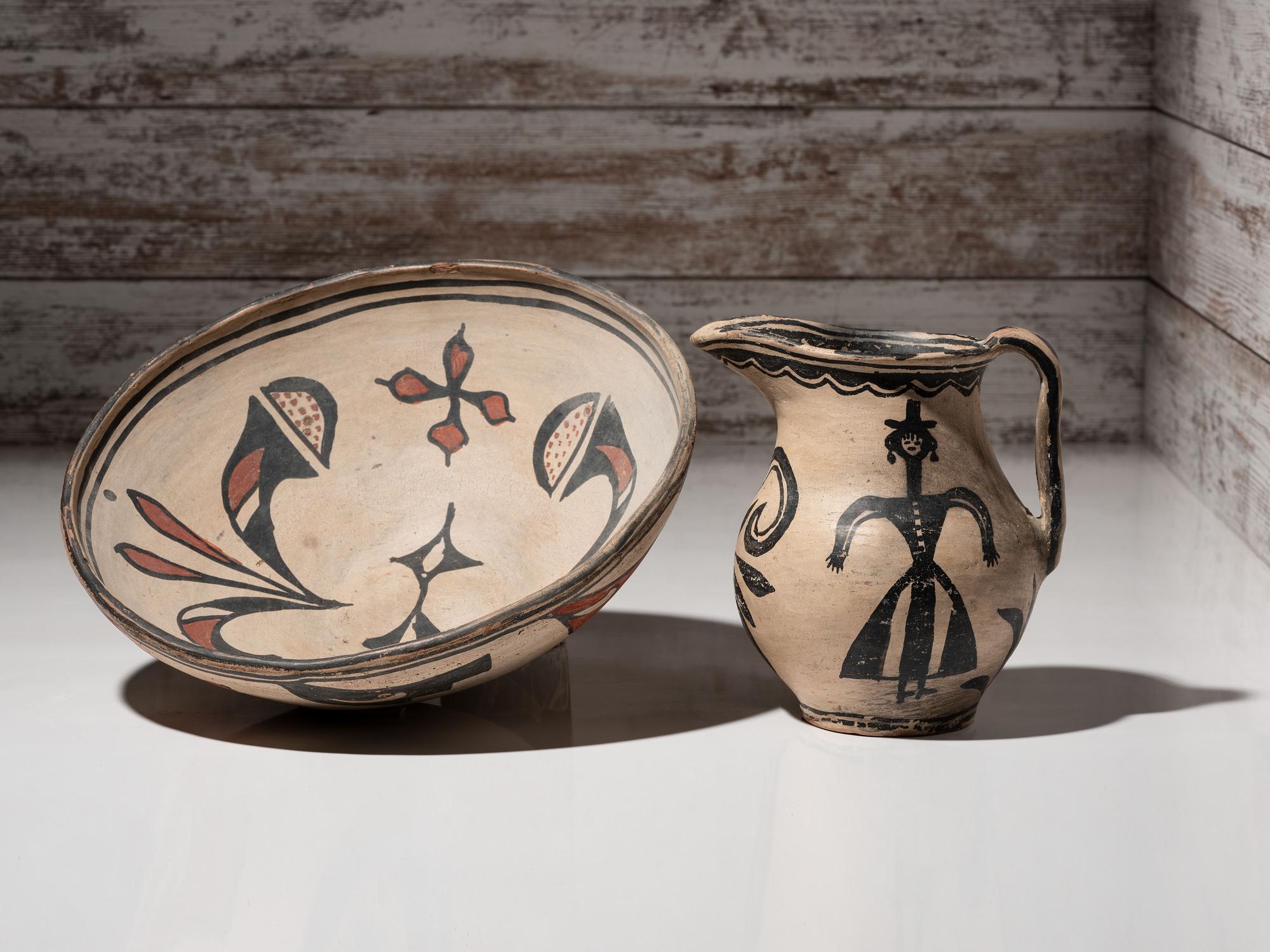 Cochiti Figural Pottery Pitcher and San Ildefonso Polychrome Basin