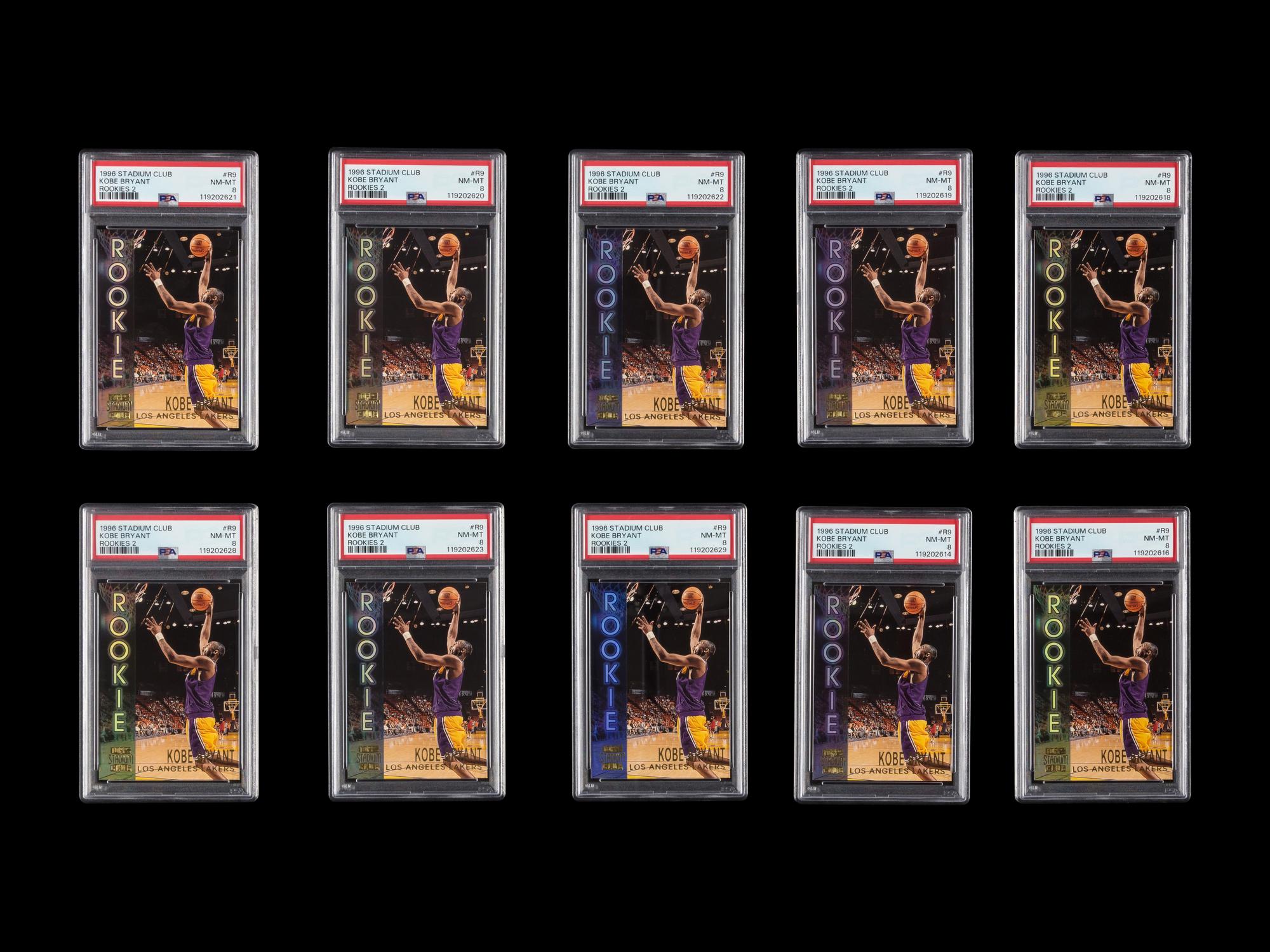 A Collection of 10 1996 Stadium Club Rookies 2 R9 Kobe Bryant Rookie Cards (PSA 8 NM-MT))