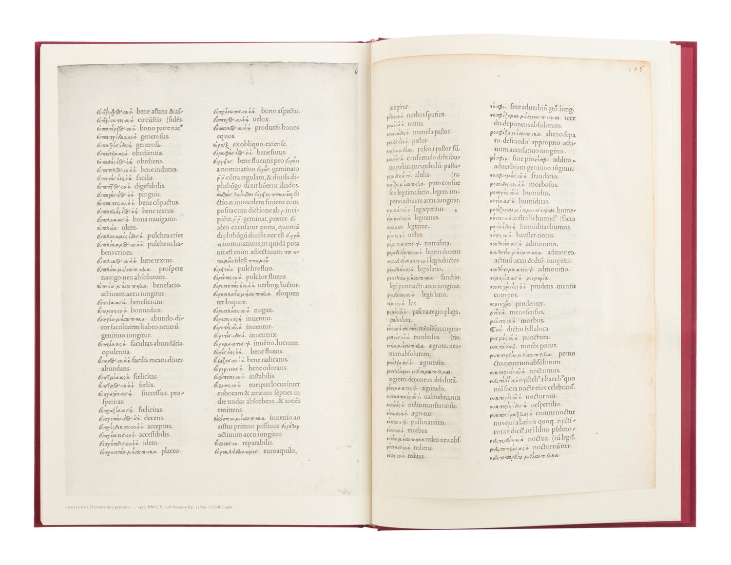 [LEAF BOOK - ALDINE PRESS]. BARKER, Nicolas. Aldus Manutius and the Development of Greek Script & Type in the Fifteenth Century ... with original leaves from the Aldine editions of Aristotle, 1797; Crastonus' Dictionarium Graecum, 1497; Euripides, 1503; and the Septuagint, 1518 . Sandy Hook, CT: Chiswick Book Shop, 1985.