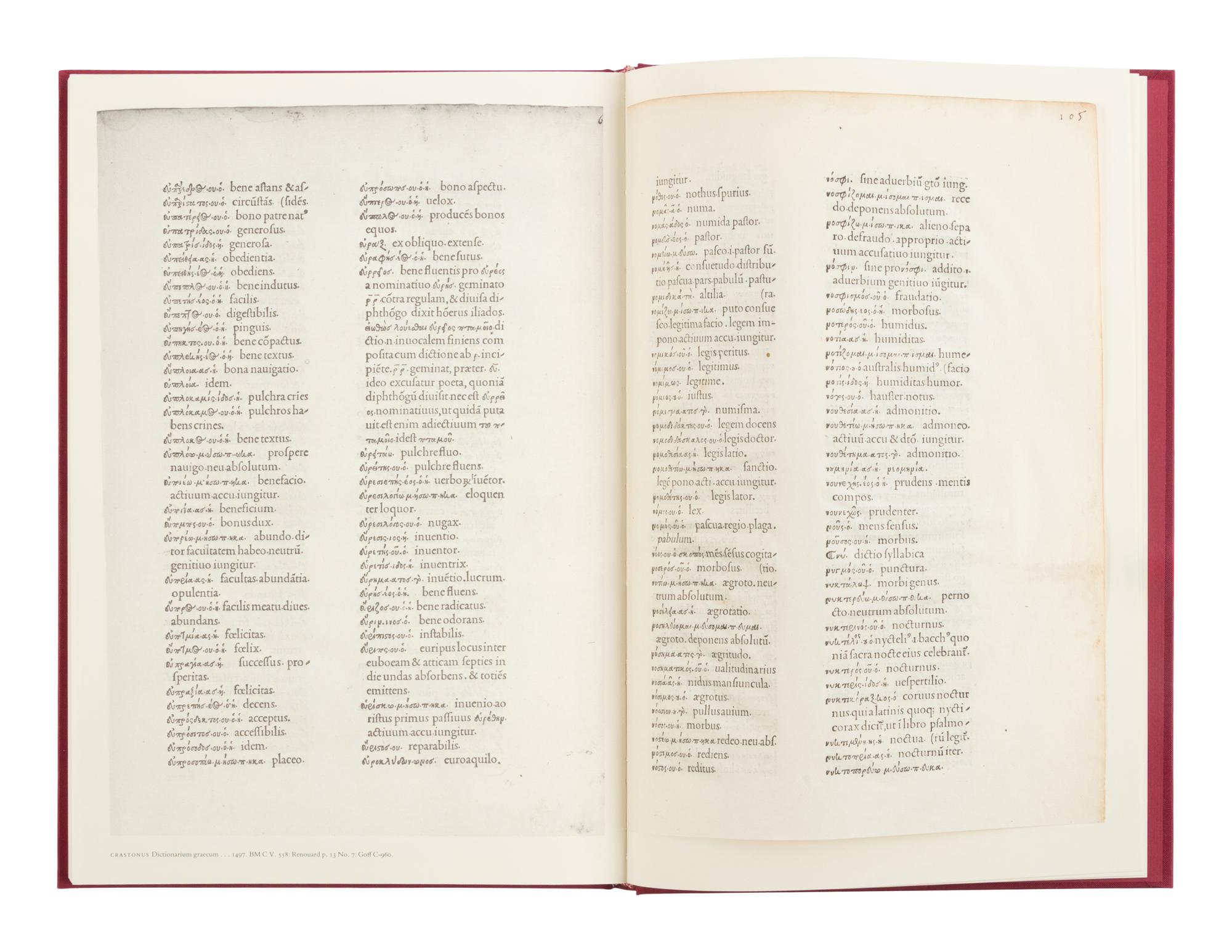 [LEAF BOOK - ALDINE PRESS]. BARKER, Nicolas. Aldus Manutius and the Development of Greek Script & Type in the Fifteenth Century ... with original leaves from the Aldine editions of Aristotle, 1797; Crastonus' Dictionarium Graecum, 1497; Euripides, 1503; and the Septuagint, 1518 . Sandy Hook, CT: Chiswick Book Shop, 1985.
