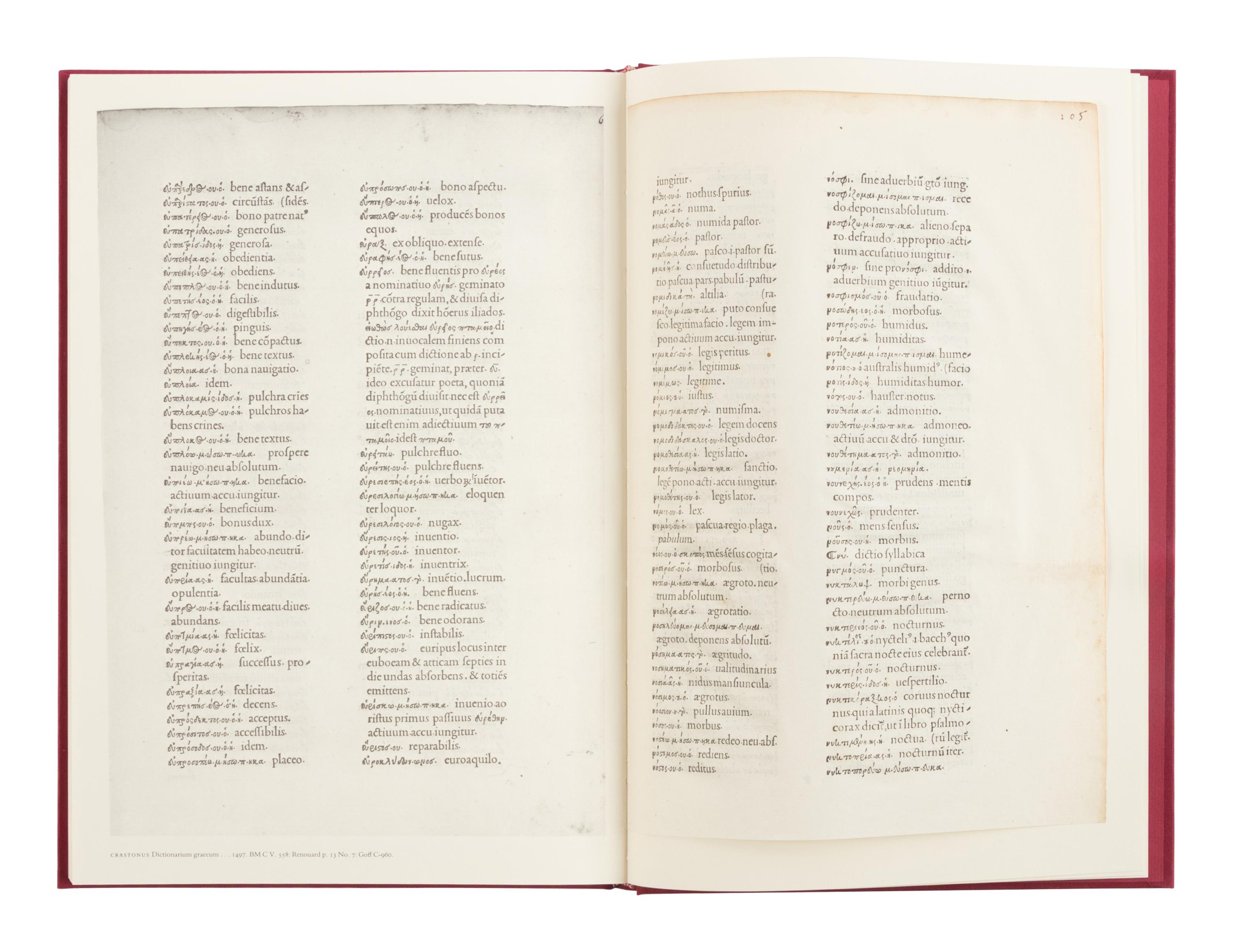 [LEAF BOOK - ALDINE PRESS]. BARKER, Nicolas. Aldus Manutius and the Development of Greek Script & Type in the Fifteenth Century ... with original leaves from the Aldine editions of Aristotle, 1797; Crastonus' Dictionarium Graecum, 1497; Euripides, 1503; and the Septuagint, 1518 . Sandy Hook, CT: Chiswick Book Shop, 1985.