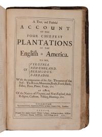 16th & 17th Century Americana CLARKE, Samuel (1599-1683). A Mirrour or Looking-Glass Both for Saints and Sinners, Held Forth in Some Thousands of Example s. -- A Geographical Description of All the Countries in the Known World. London: Printed by Tho. Milbourn for Robert Clavel, et al., 1671. – [ Issued with :] A True, and Faithful Account of the Four Chiefest Plantations of the English in America... London: Printed for Robert Clavel, et al., 1670.
