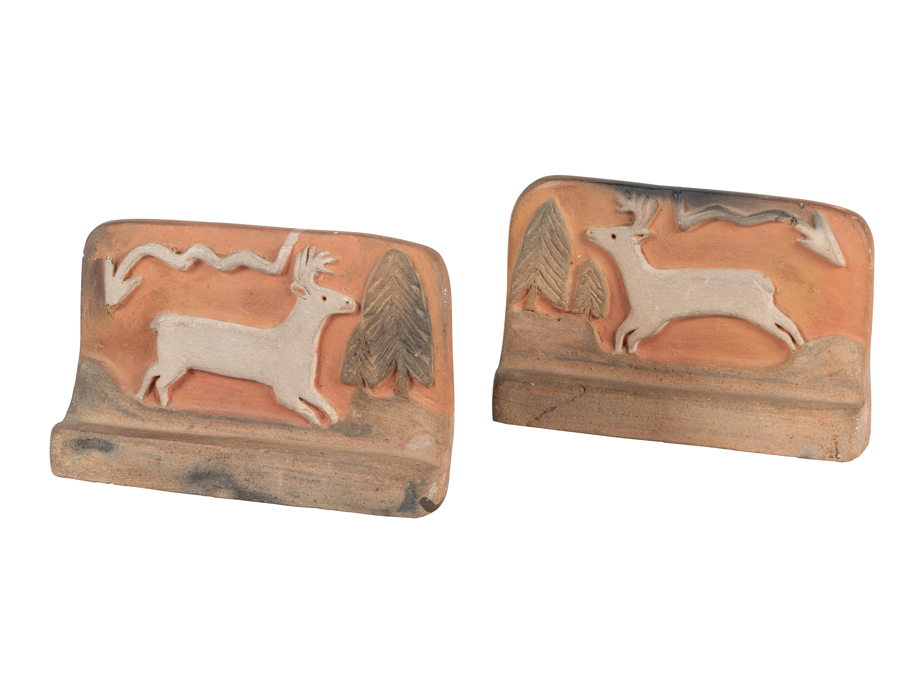 Pueblo Pottery Bookends, with Stags and Lightening