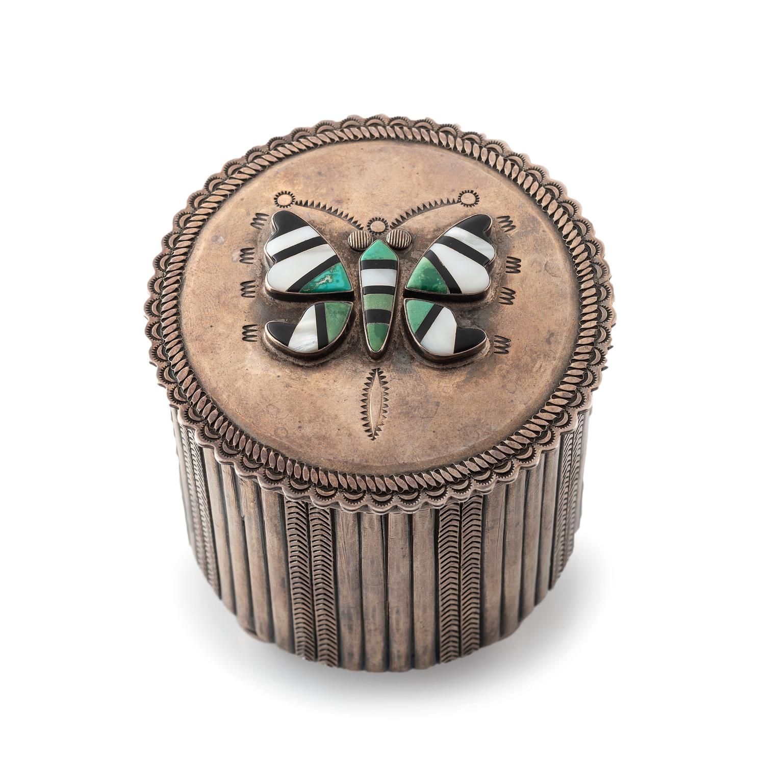 Navajo Stamped Silver Lidded Box, with Zuni Mosaic Inlay Butterfly