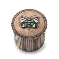 Navajo Stamped Silver Lidded Box, with Zuni Mosaic Inlay Butterfly