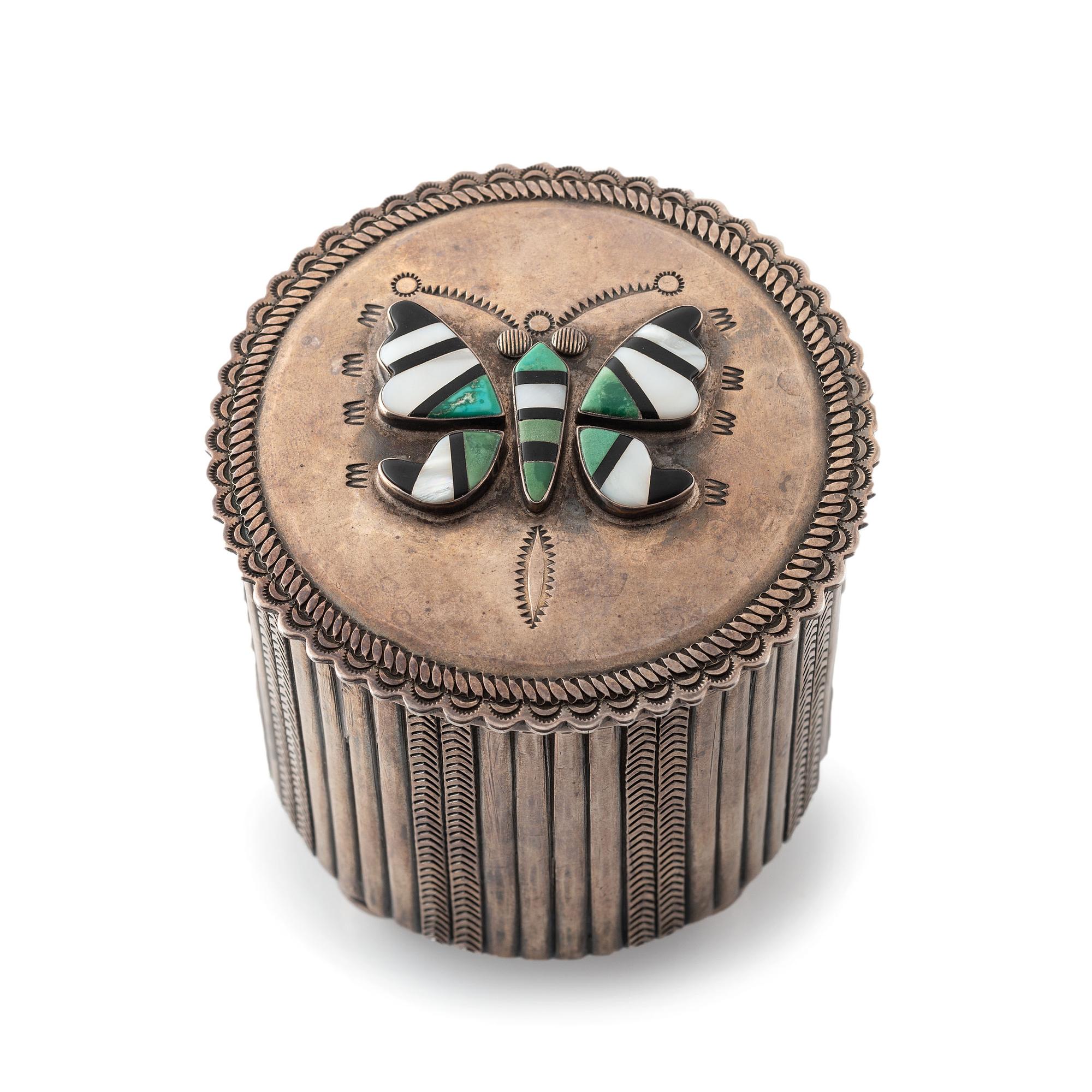 Navajo Stamped Silver Lidded Box, with Zuni Mosaic Inlay Butterfly