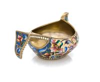 A Russian Enameled Silver Kovsh, Maker's mark obscured, Moscow, late 19th/early 20th century, the case having a beige ground with polyc