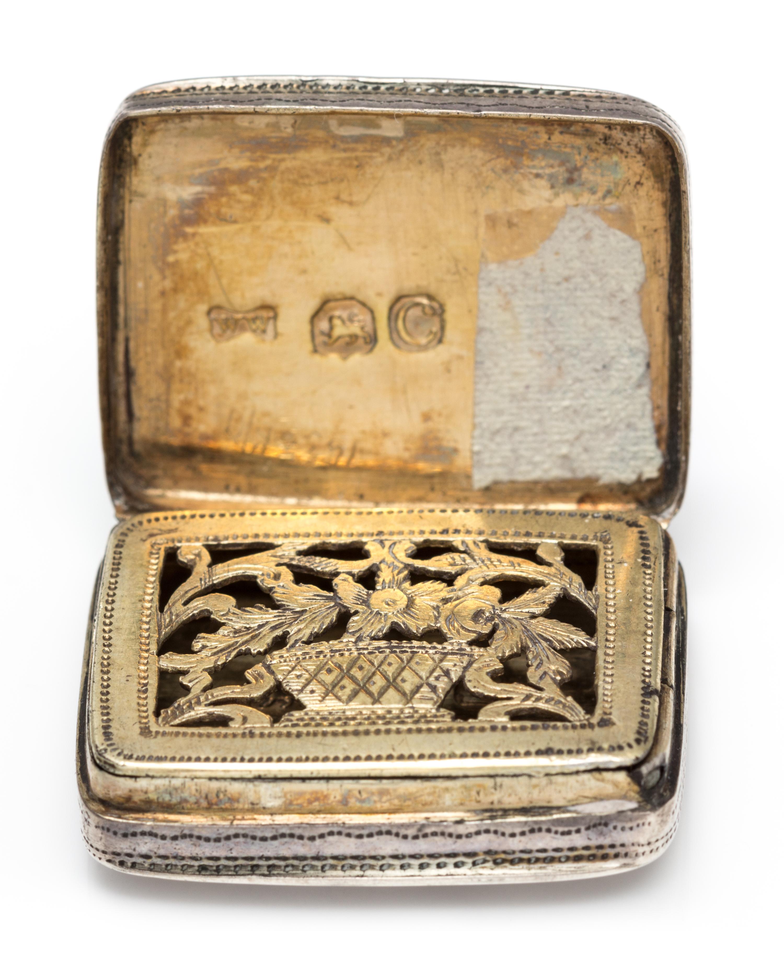 A George III Silver Vinaigrette, William Withers, London, 1778, the case worked with stippled floral and foliate decoration, the lid ce