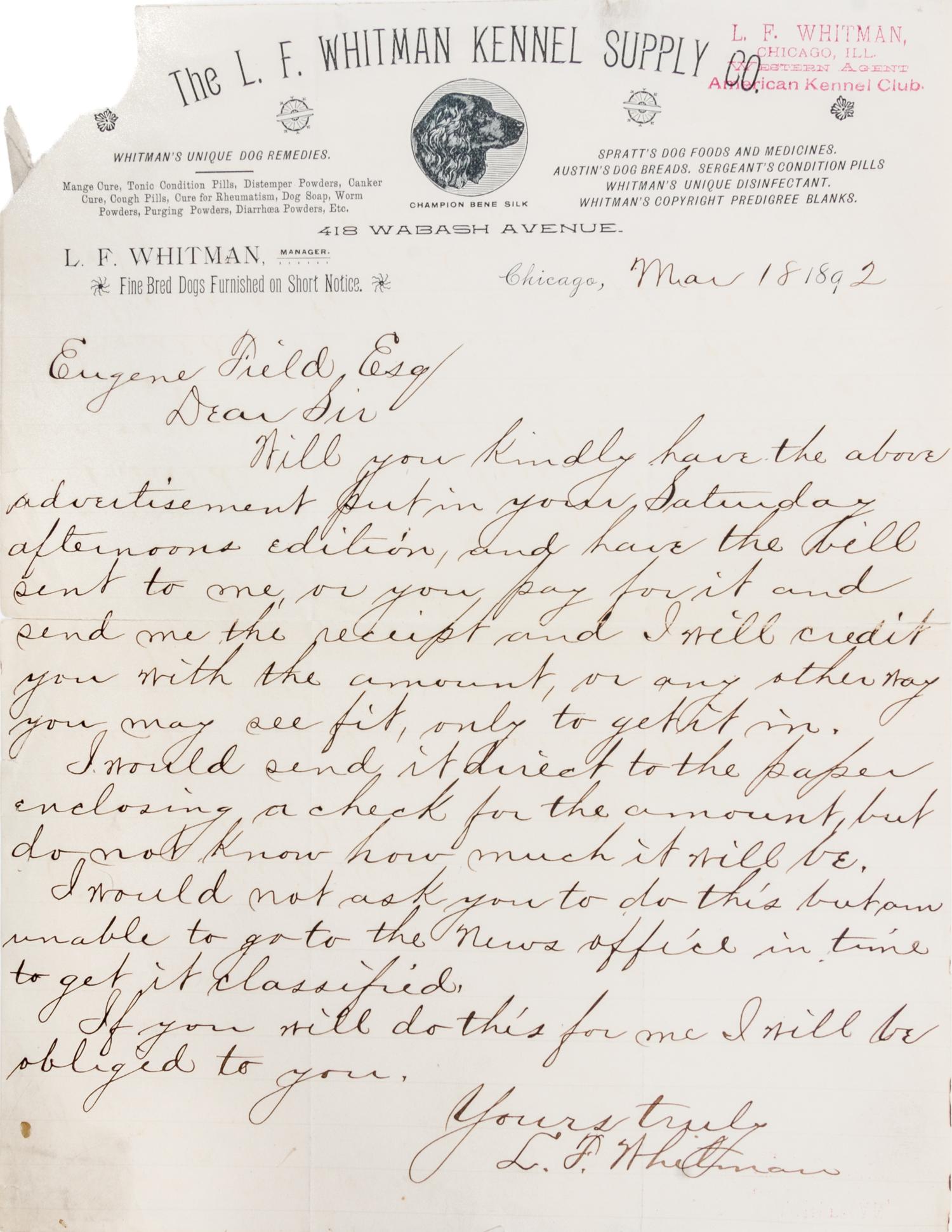 (CHICAGO; FIELD, EUGENE) Archive of coorespondence, 62 items total.