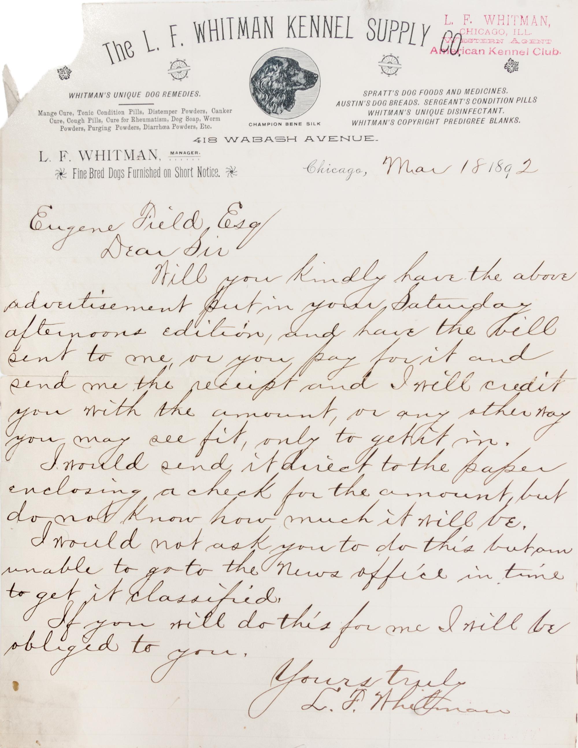 (CHICAGO; FIELD, EUGENE) Archive of coorespondence, 62 items total.
