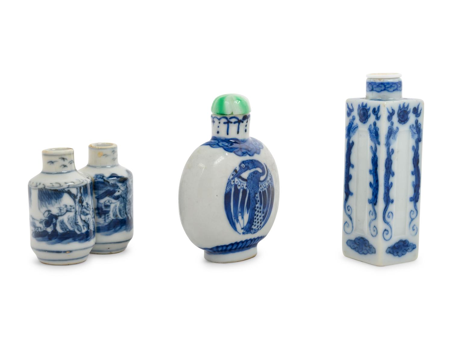 Three Chinese Blue and White Porcelain Snuff Bottles