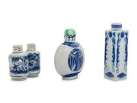 Three Chinese Blue and White Porcelain Snuff Bottles