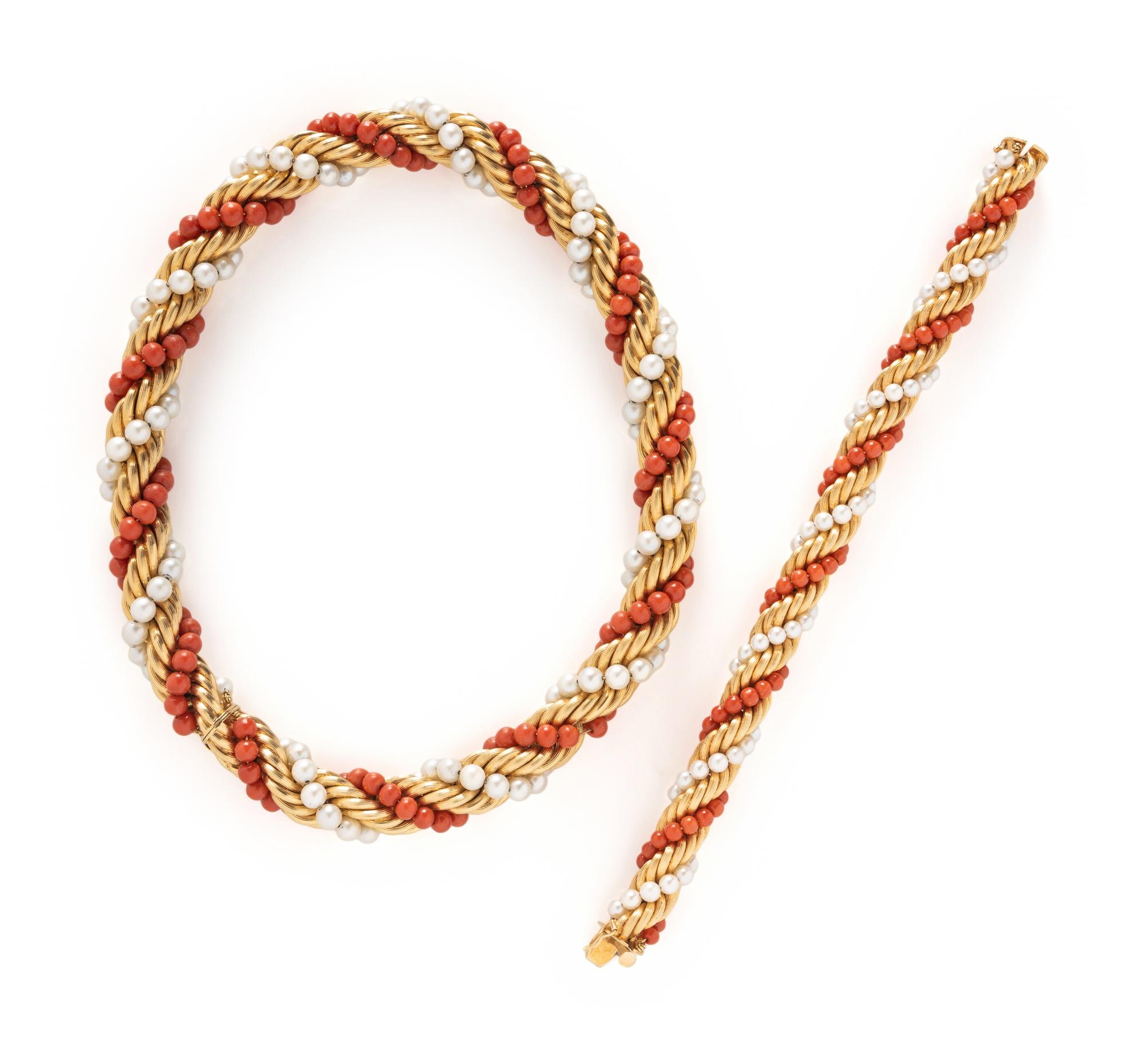 YELLOW GOLD, CORAL, AND CULTURED PEARL NECKLACE AND BRACELET
