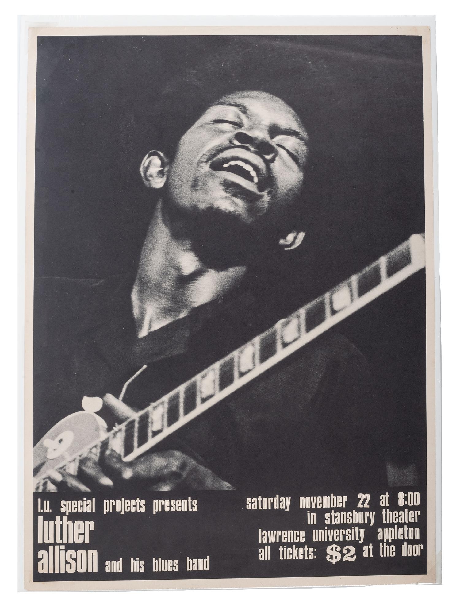 [MUSIC]. A group of 4 posters promoting blues acts and festivals, incl. Luther Allison, Dr. Ross, and various performers at the Detroit and Wisconsin Delta Blues Festivals.